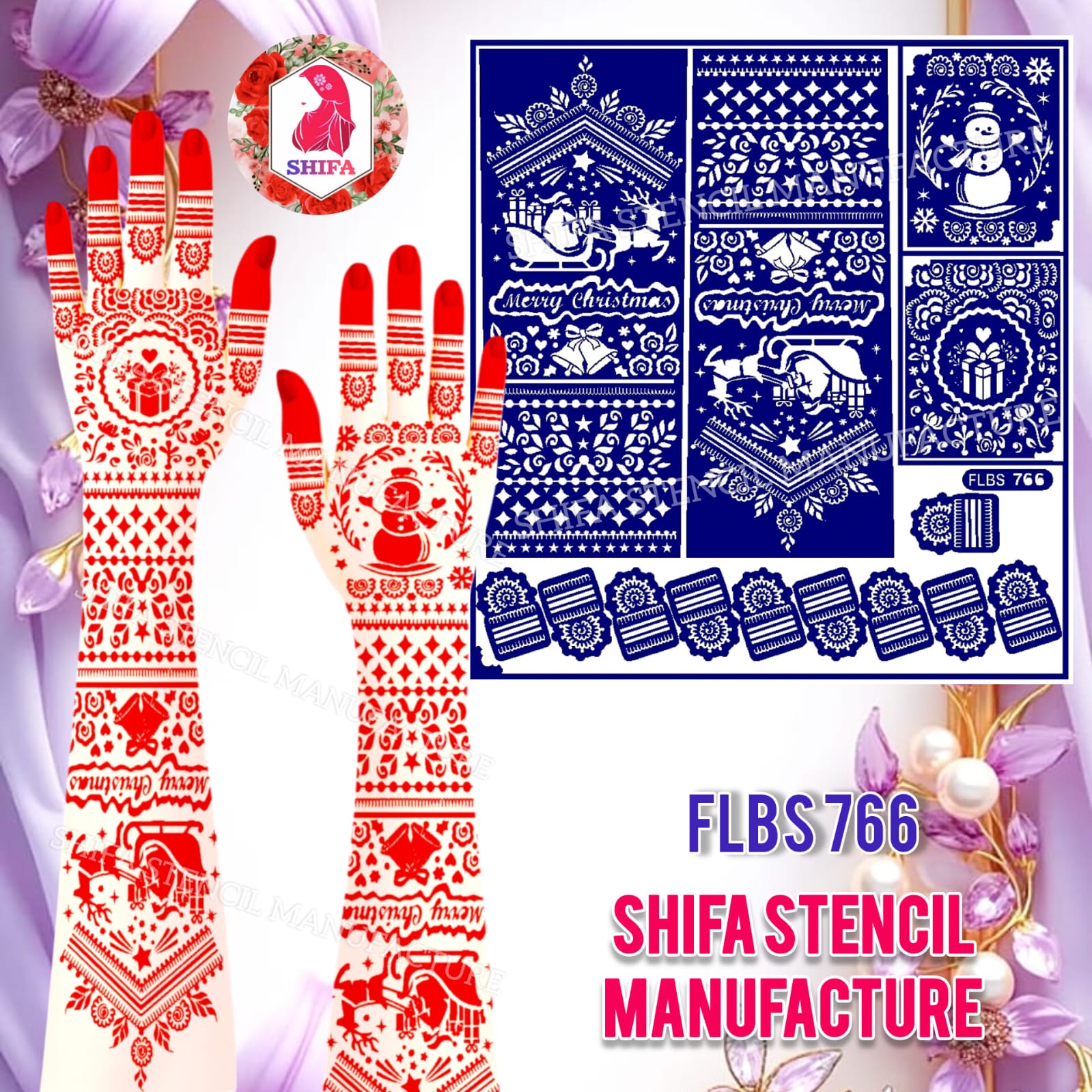 FLBS 766 Merry Christmas Festive Design Sticker overview Henna Stencil - Shifa Stencil